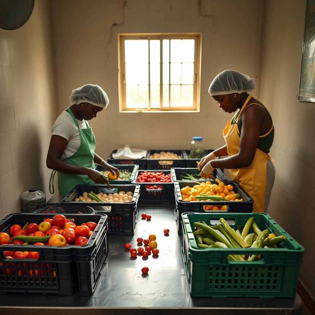 Workers sorting fresh produce into crates in a clean packing room