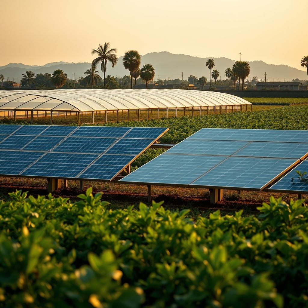 Solar panels, a greenhouse and green crops on a farm in Ghana