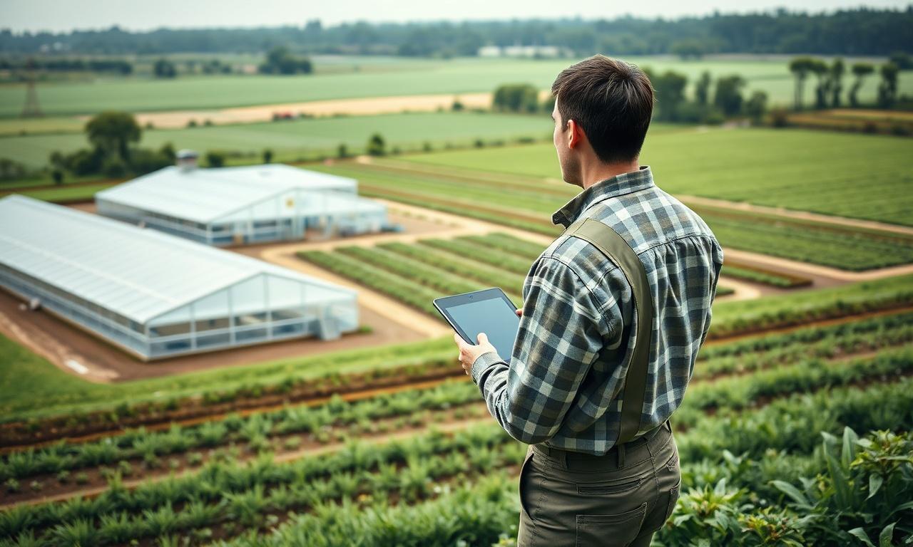 Technical professional reviewing a site plan on a tablet overlooking fields and greenhouses