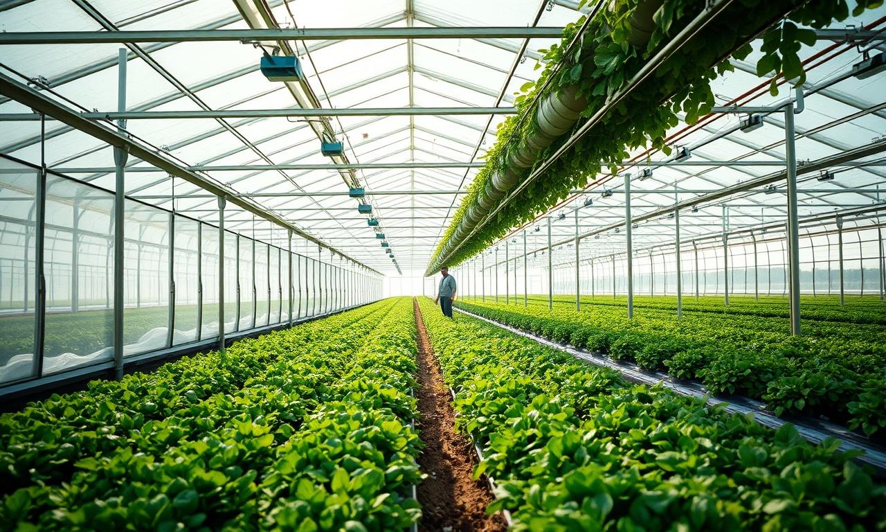 Completed commercial greenhouse in production with long crop rows and drip irrigation