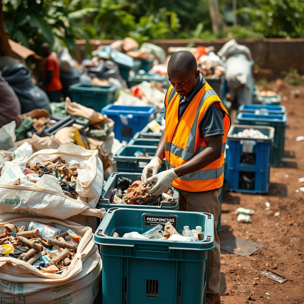 Worker in protective clothing sorting recyclable materials
