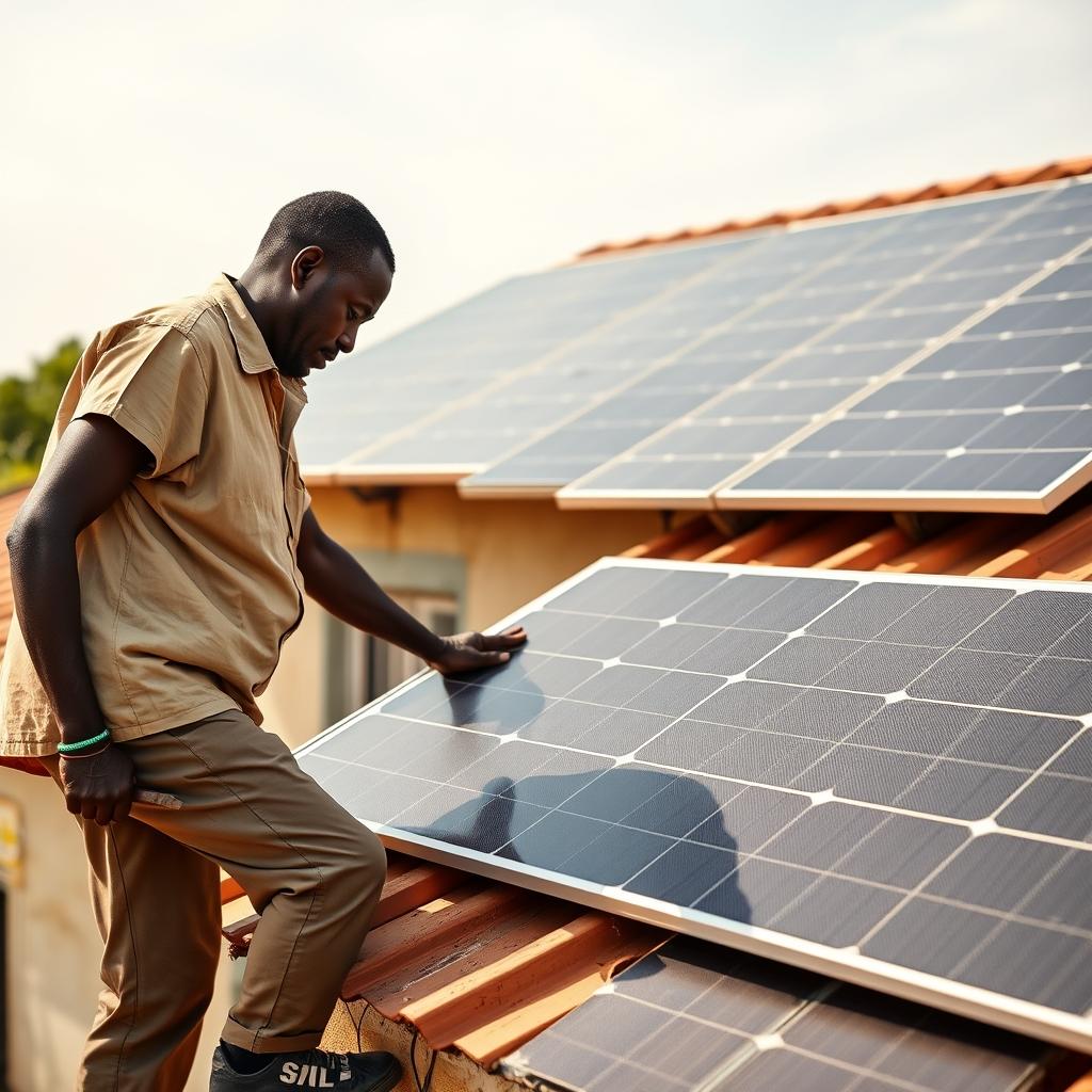 Technician installing solar panels on a home roof