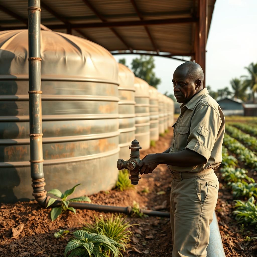 Technician inspecting a biogas digester and gas piping on a farm